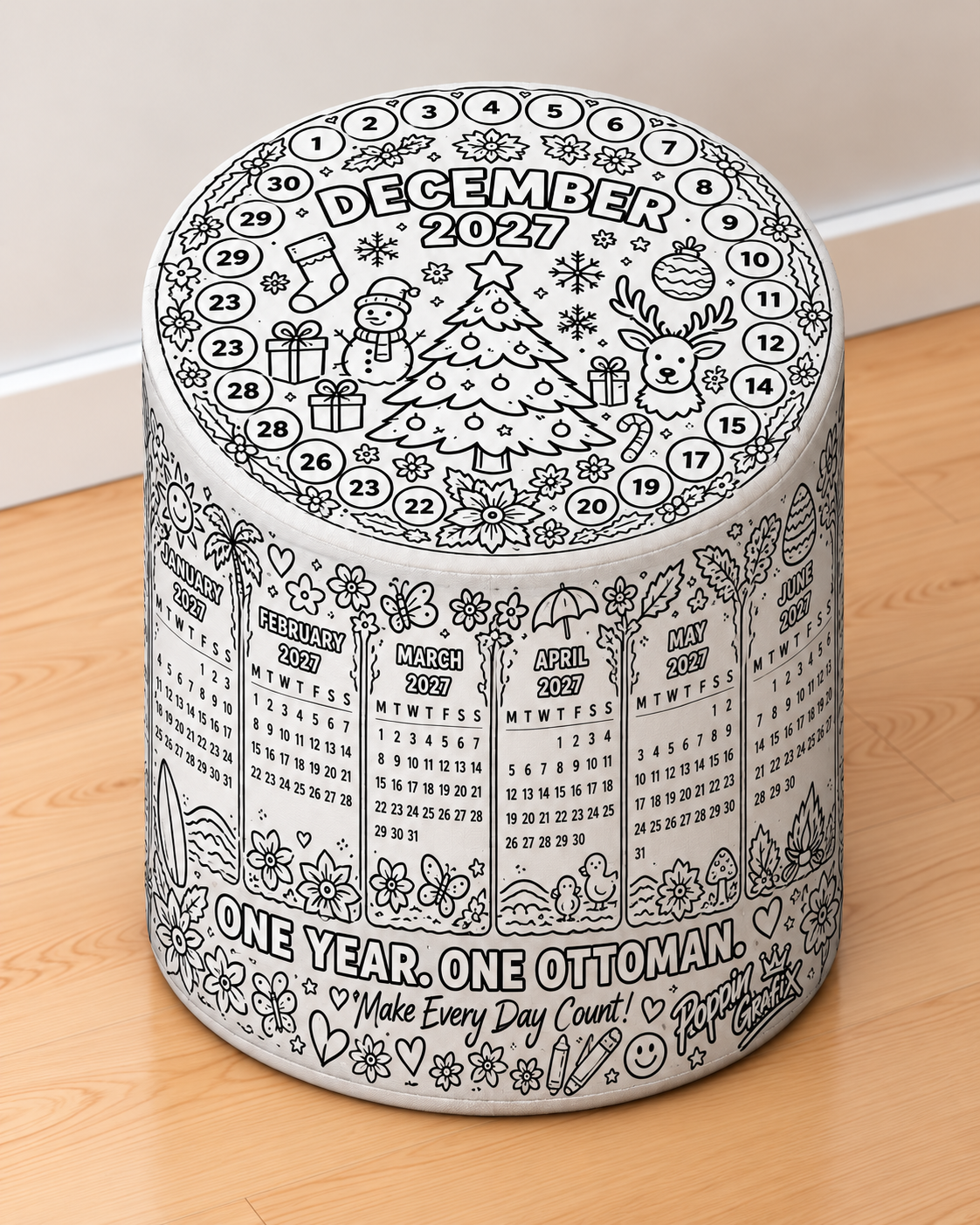Colour Your Own Calendar round printed ottoman with a black-and-white calendar-inspired colouring design