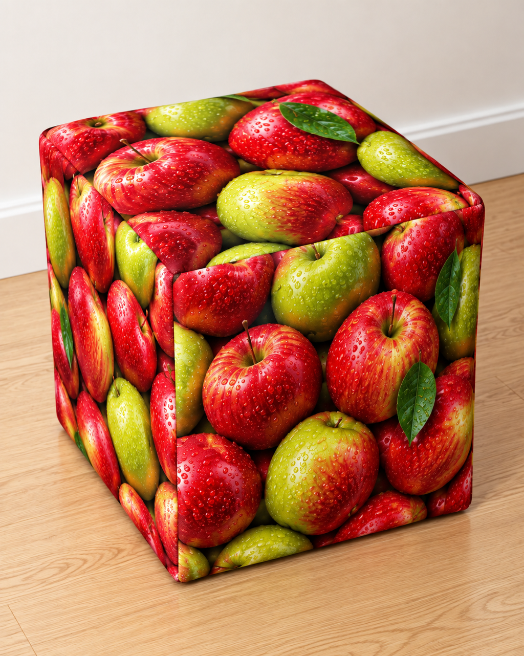 Apple square printed ottoman covered in vibrant red and green apples
