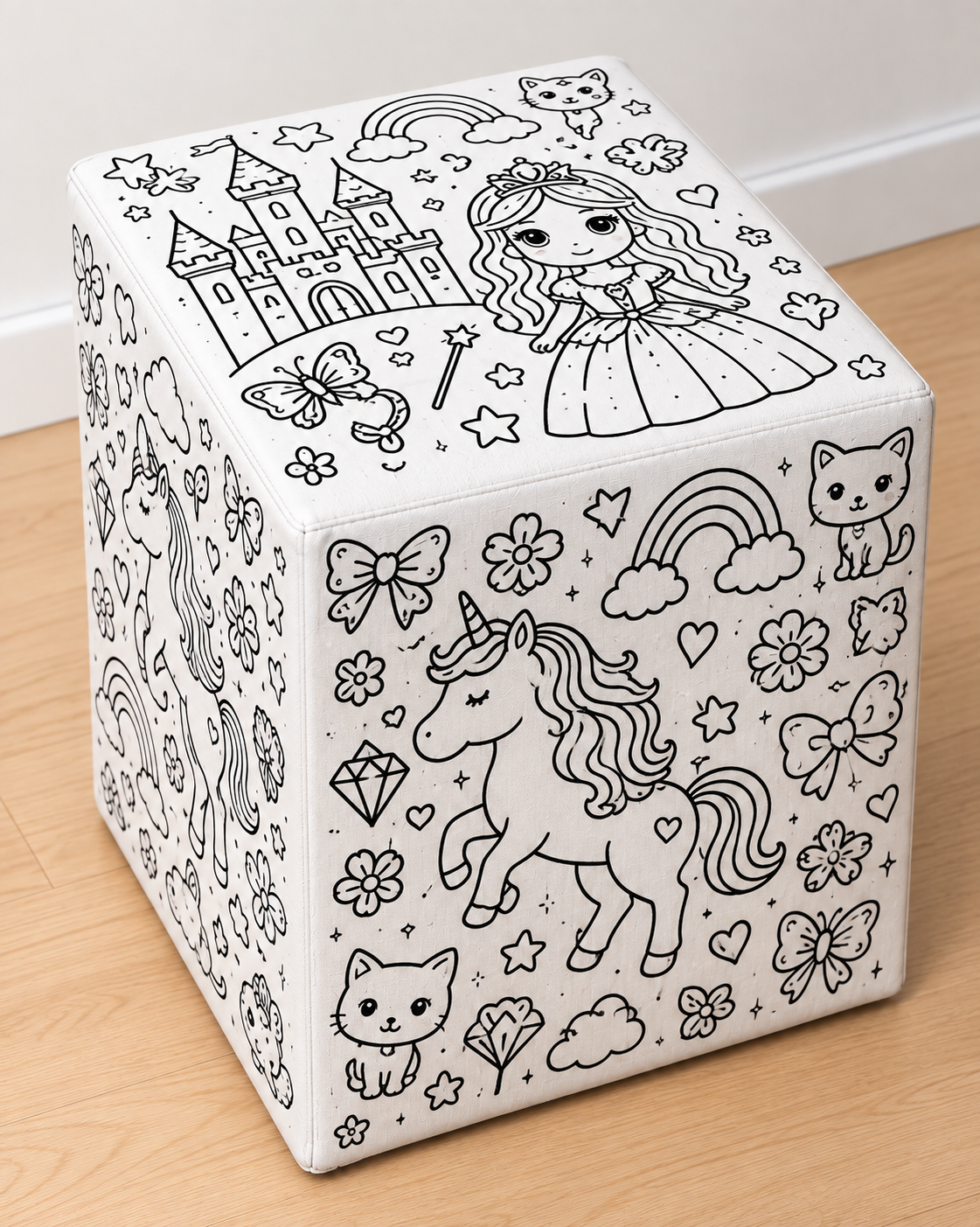 Colour Your Own Girl square printed ottoman with black-and-white hearts, flowers, rainbows and playful doodles