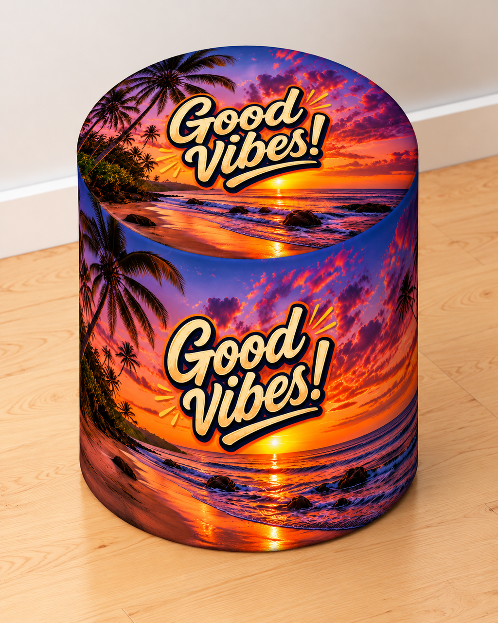 Good Vibes round printed ottoman featuring colourful retro lettering, uplifting messages and vibrant orange, pink and purple artwork
