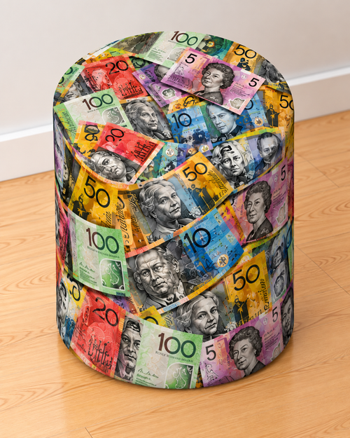 Aussie Cash round printed ottoman covered in colourful Australian banknote-inspired artwork
