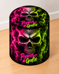 Nightskull round printed ottoman featuring a neon pink skull with vivid green and black graffiti-inspired artwork
