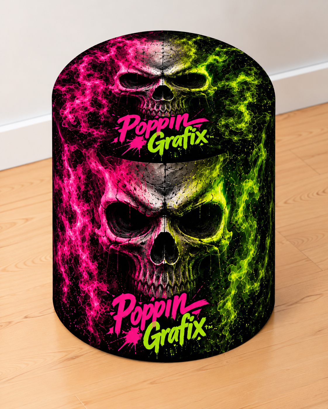 Nightskull round printed ottoman featuring a neon pink skull with vivid green and black graffiti-inspired artwork
