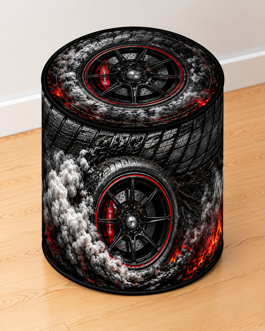 Burnout round tyre-design printed ottoman handcrafted by Poppin Grafix
