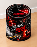 Redline round printed ottoman featuring red and black motoring artwork, speedometer details and performance car styling
