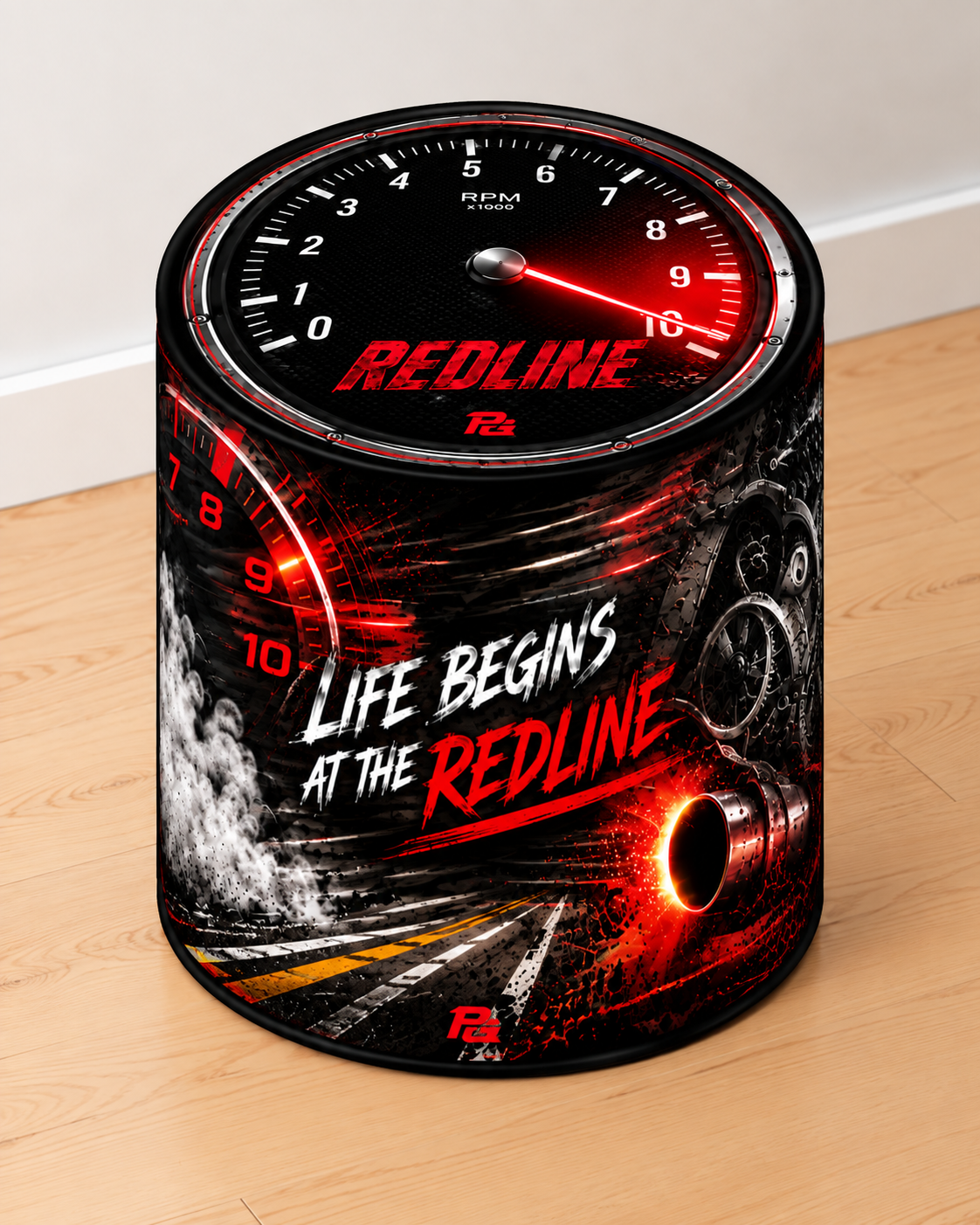 Redline round printed ottoman featuring red and black motoring artwork, speedometer details and performance car styling
