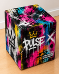 Urban Pulse square printed ottoman featuring bold neon pink and blue graffiti-style artwork with vibrant street-art lettering

