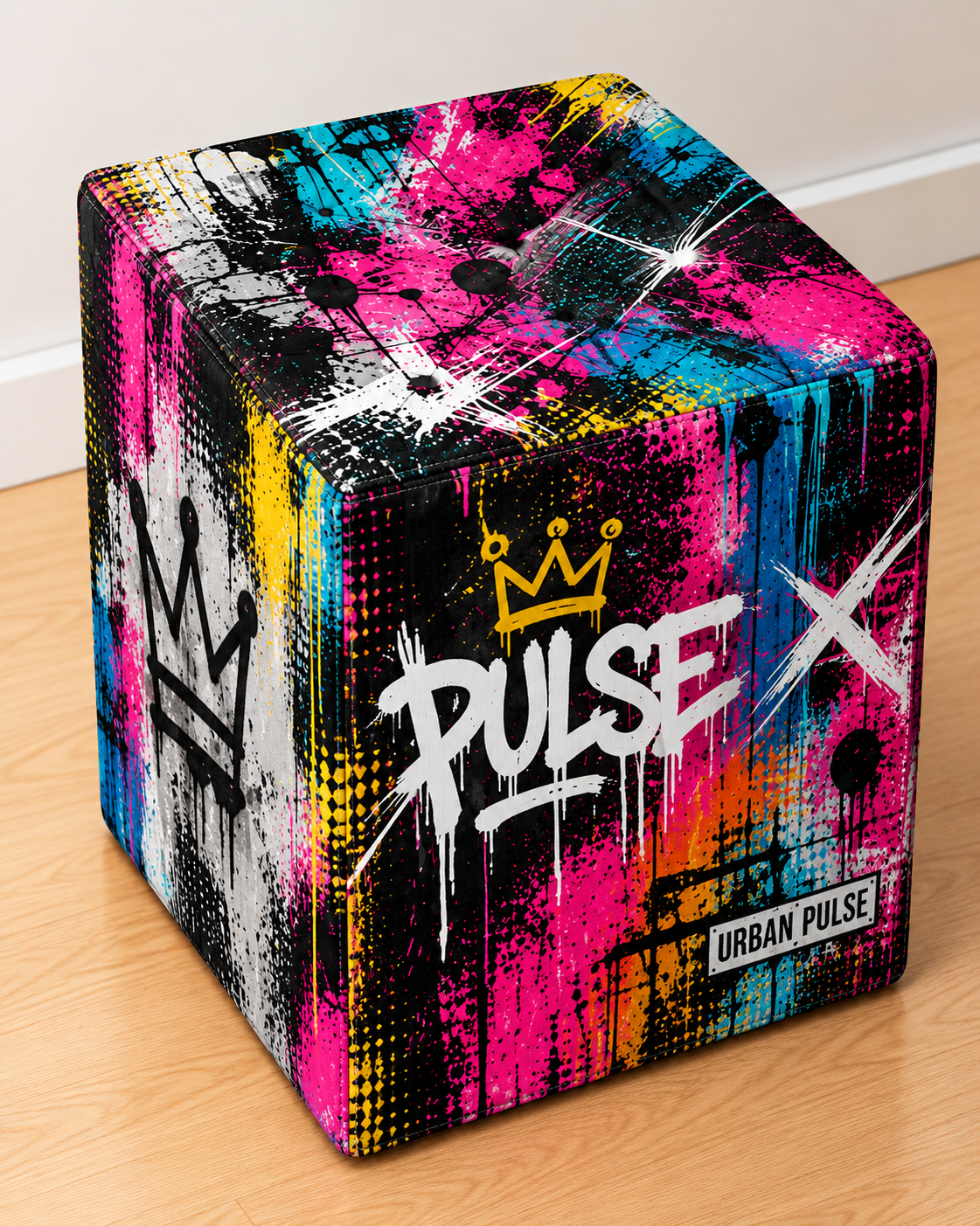 Urban Pulse square printed ottoman featuring bold neon pink and blue graffiti-style artwork with vibrant street-art lettering
