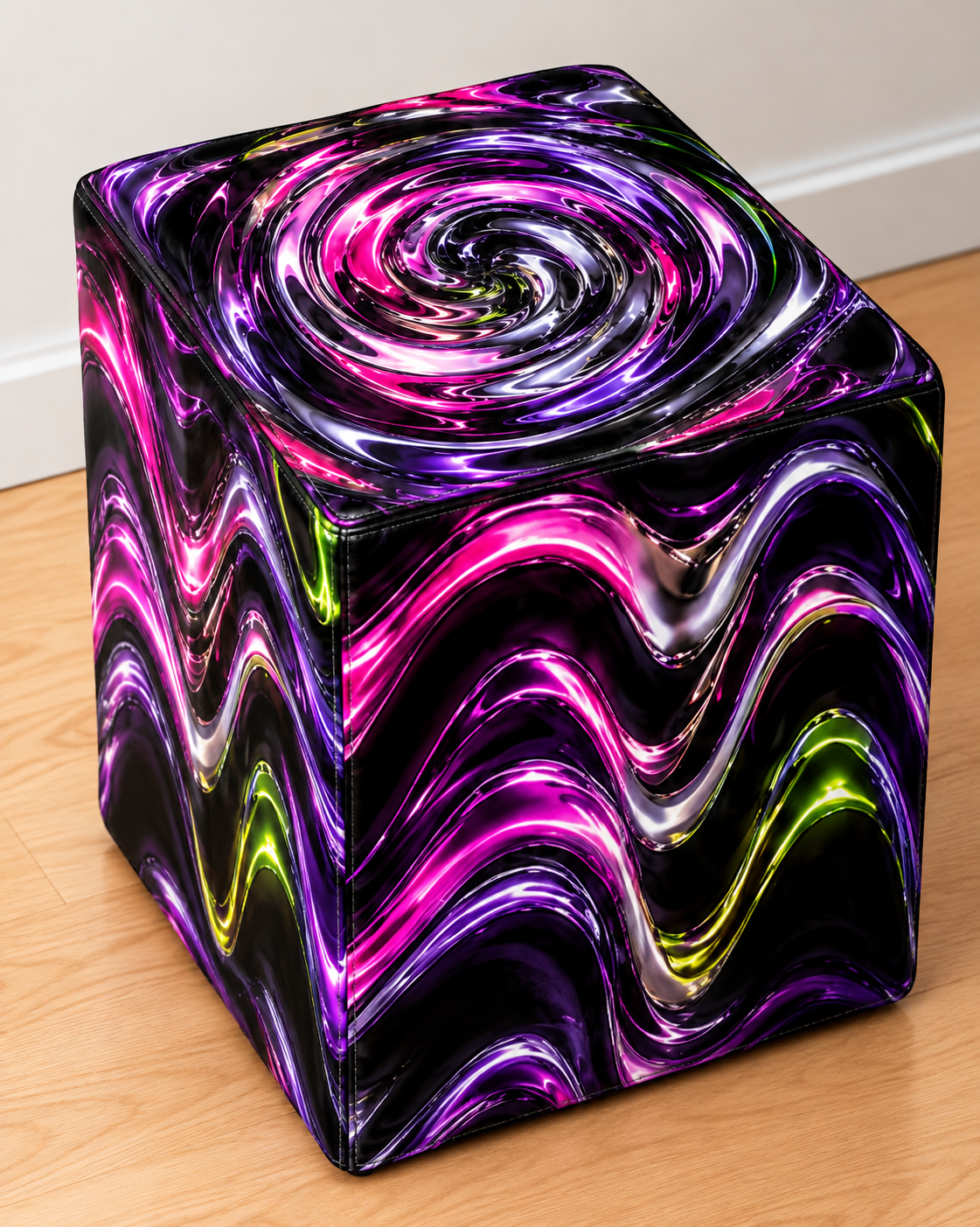 Liquid Chrome square printed ottoman featuring flowing purple, pink and black metallic waves with a glossy chrome effect
