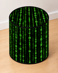 The Matrix round printed ottoman featuring cascading neon green digital code on a black background
