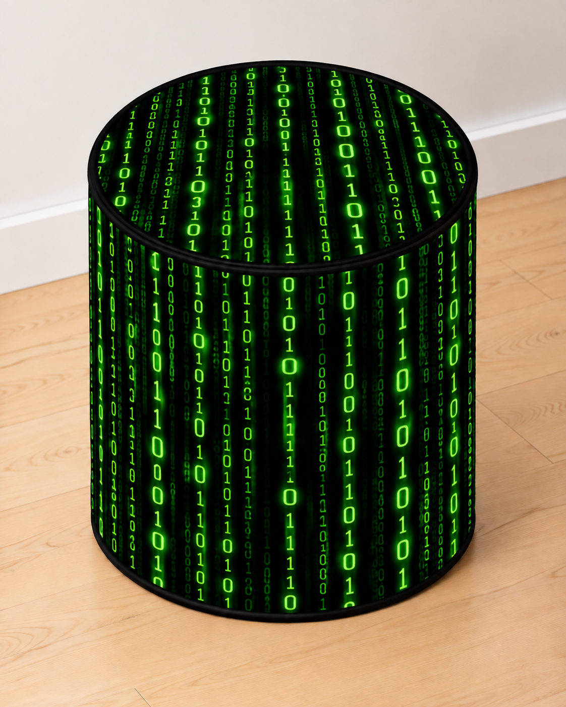 The Matrix round printed ottoman featuring cascading neon green digital code on a black background
