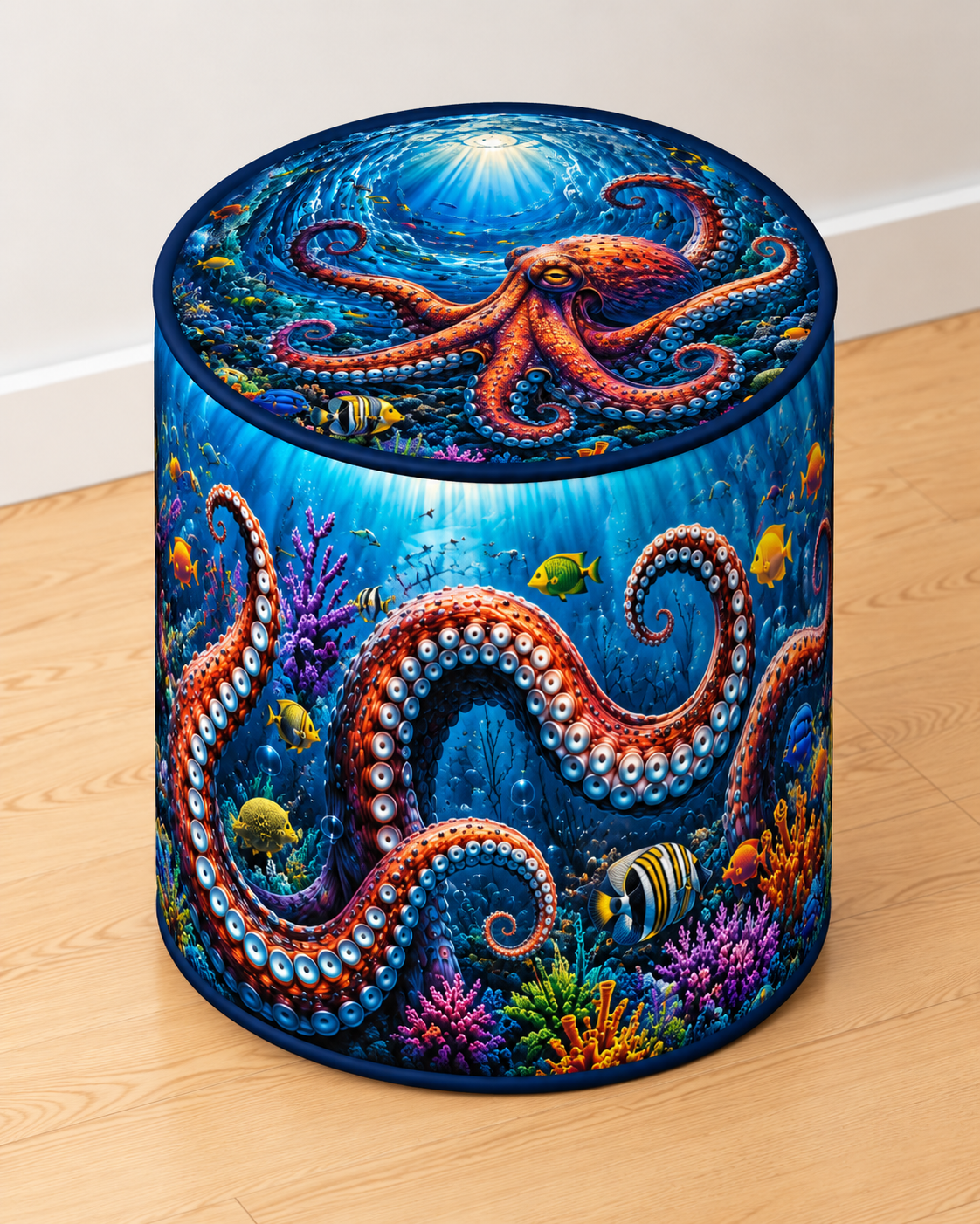 Underwater Octopus round printed ottoman handcrafted by Poppin Grafix