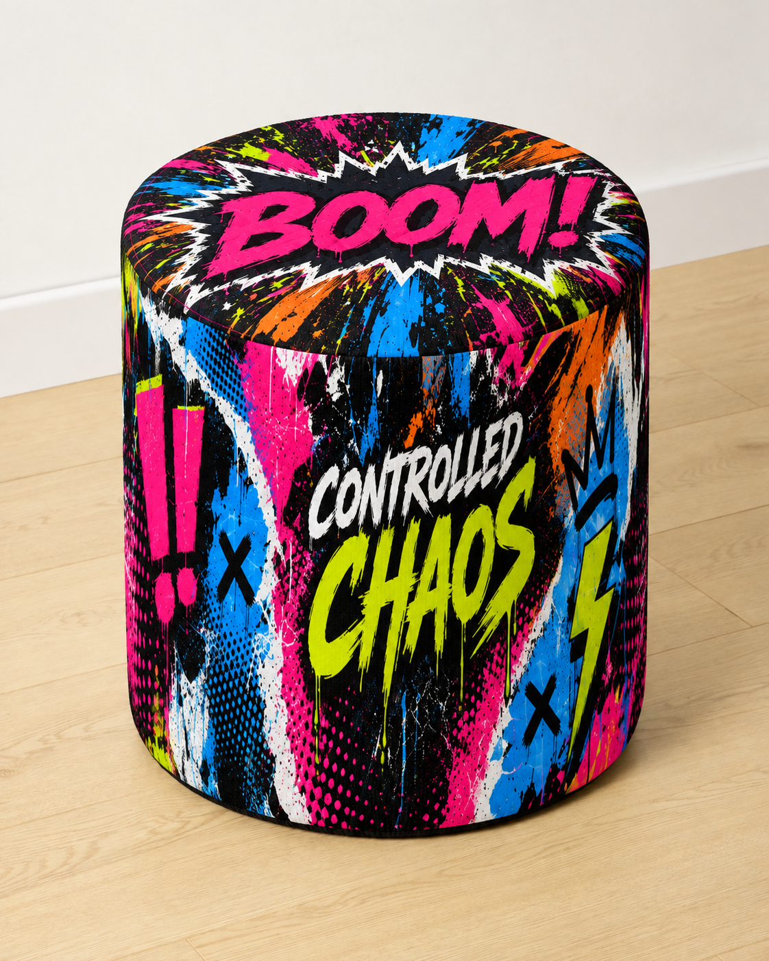 Boom Urban round printed ottoman featuring colourful neon graffiti and bold comic-style artwork