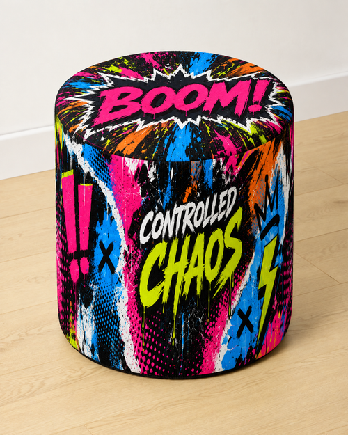 Boom Urban round printed ottoman featuring colourful neon graffiti and bold comic-style artwork