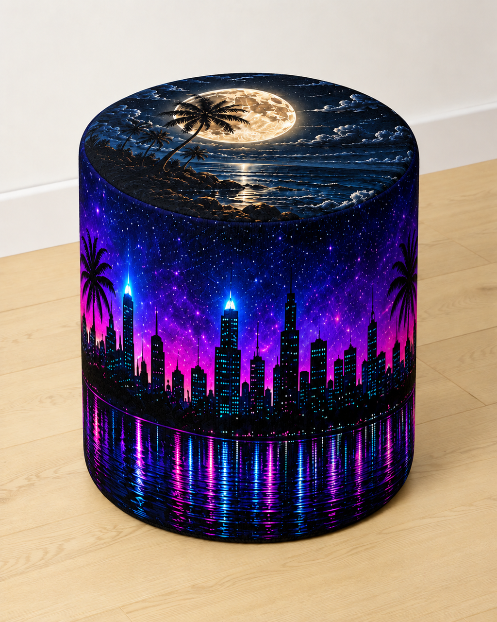 Nightscape round printed ottoman featuring a colourful neon city skyline against a dark night sky