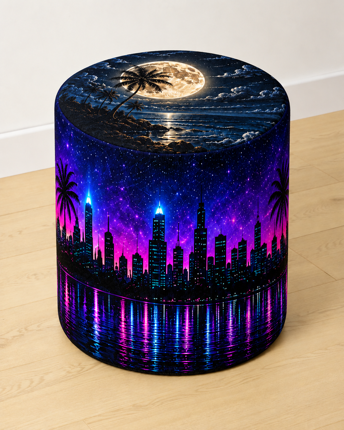 Nightscape round printed ottoman featuring a colourful neon city skyline against a dark night sky