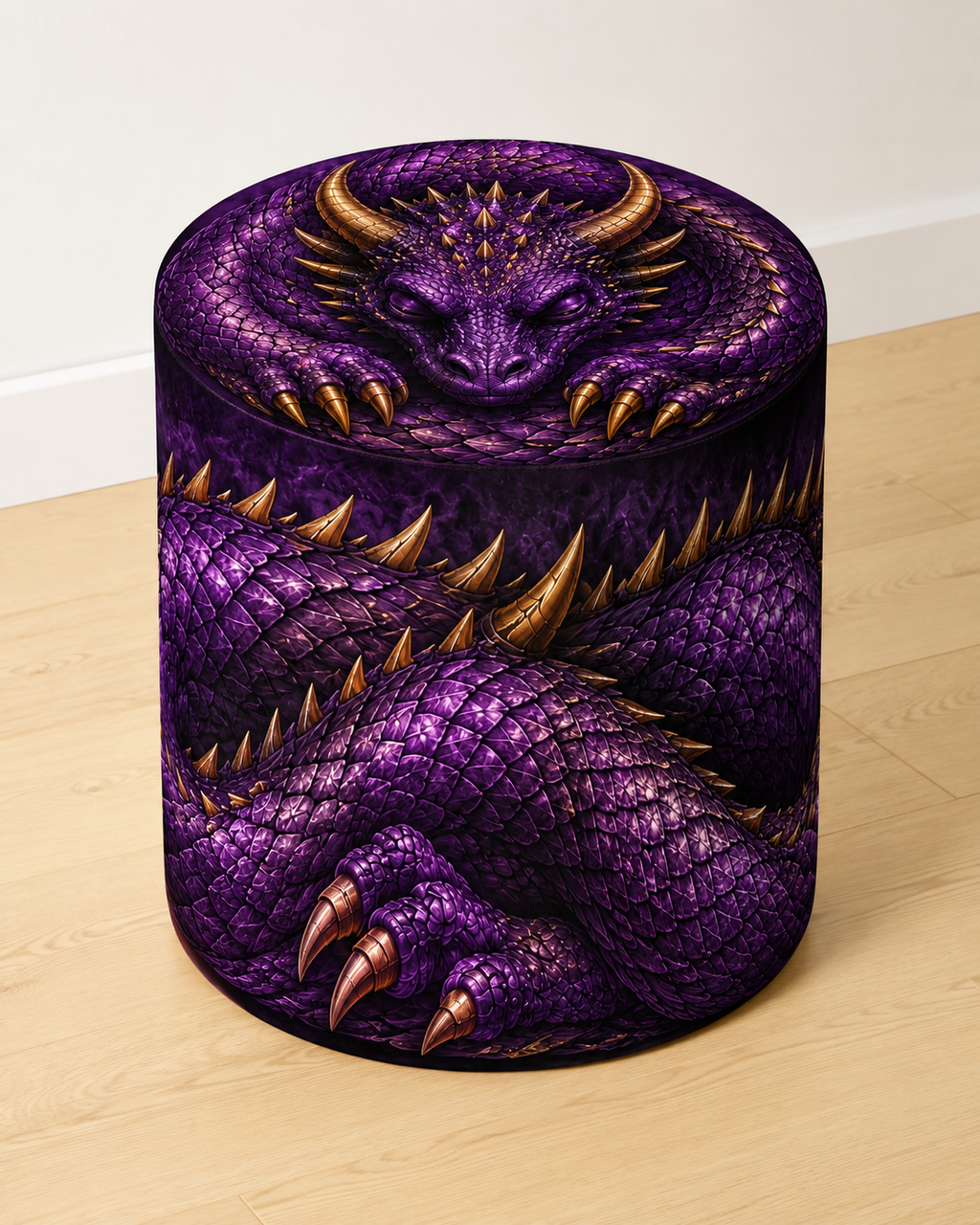 Purple Dragon round printed ottoman featuring a striking purple fantasy dragon design
