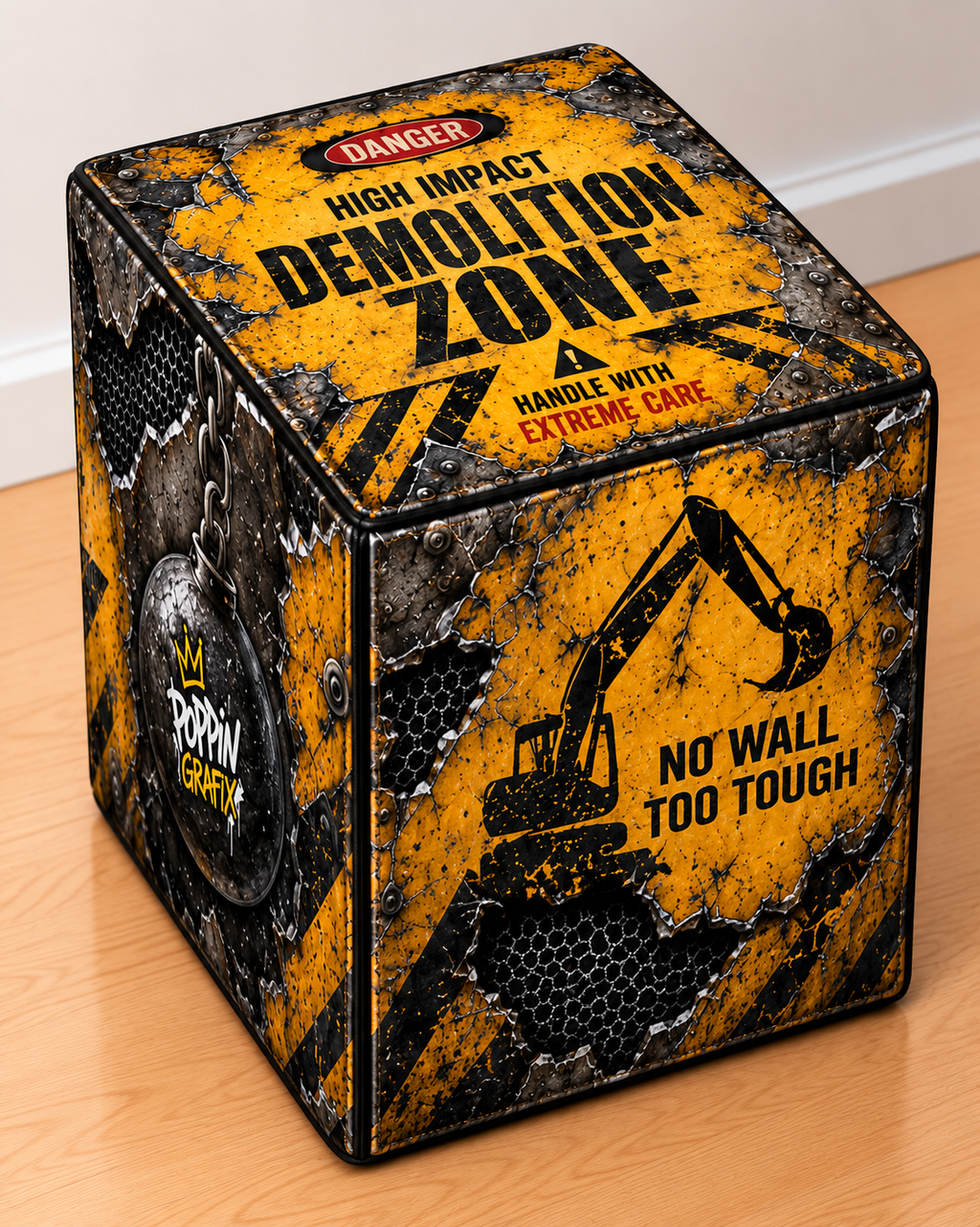 Demolition square printed ottoman featuring rugged industrial artwork in bold orange and black
