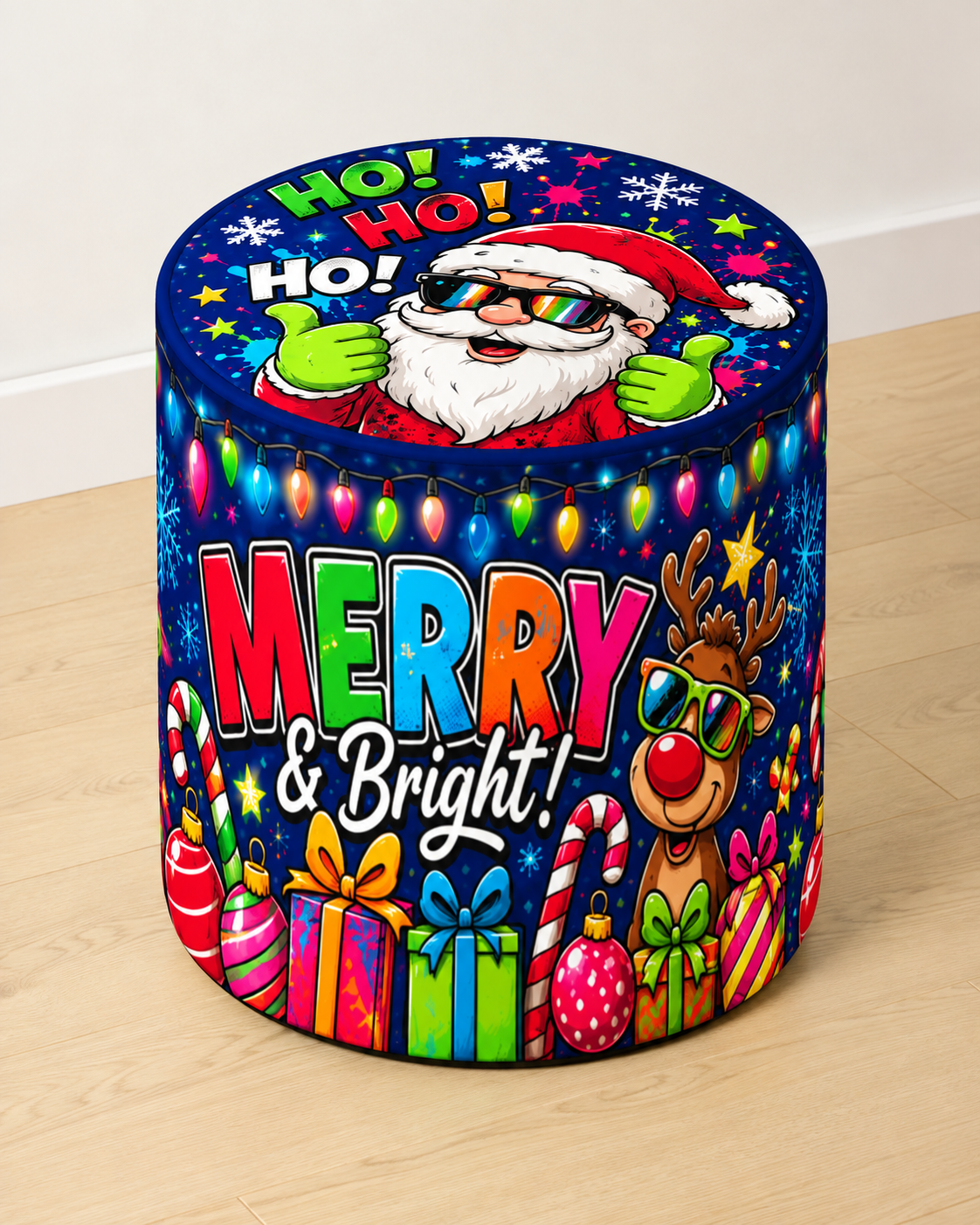 Merry and Bright Xmas round printed ottoman featuring colourful festive lettering and Christmas graphics