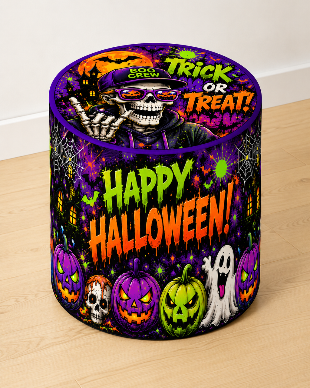 Halloween Graffiti Skeleton round printed ottoman featuring colourful skeleton and street-art graphics