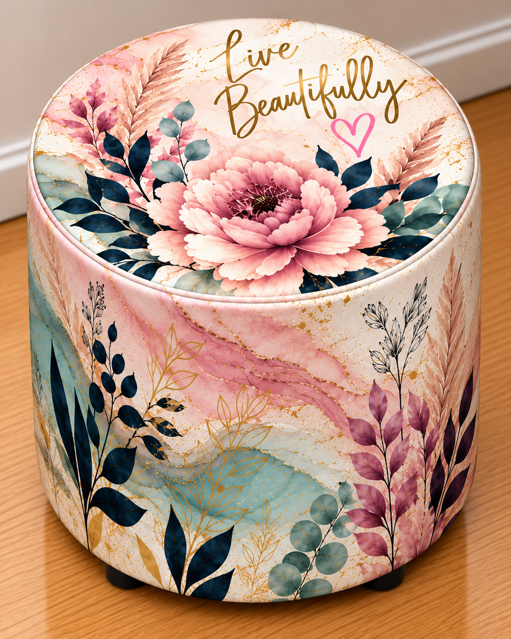 Belle Bloom round printed ottoman featuring soft pink flowers, butterflies and botanical details
