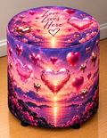 Love Lives Here round printed ottoman featuring glowing hearts in vibrant pink, purple and orange tones
