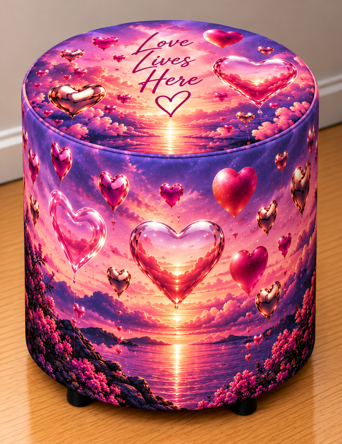 Love Lives Here round printed ottoman featuring glowing hearts in vibrant pink, purple and orange tones
