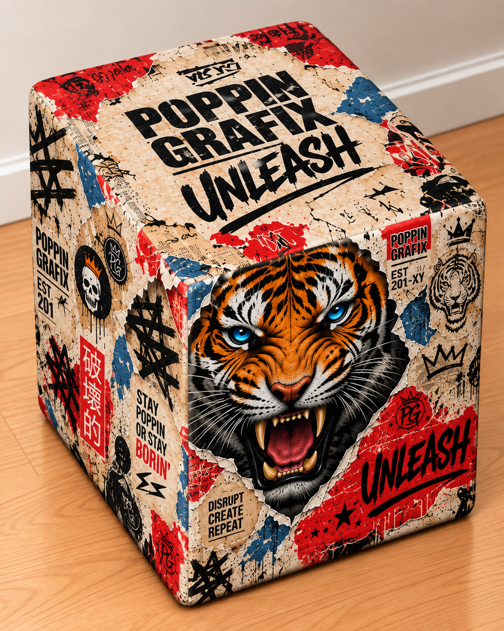 Tiger square printed ottoman handcrafted by Poppin Grafix