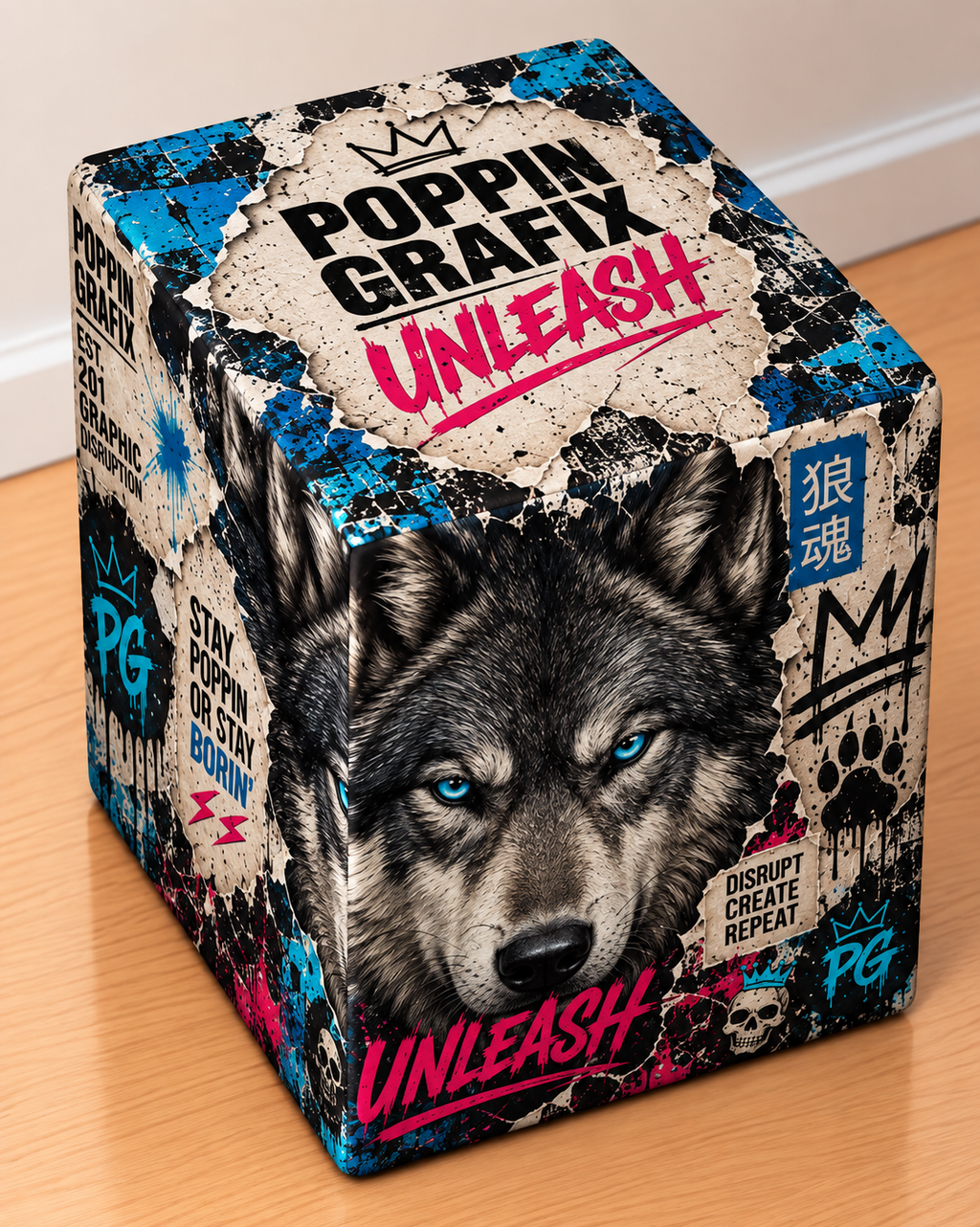 Wolf square printed ottoman handcrafted by Poppin Grafix