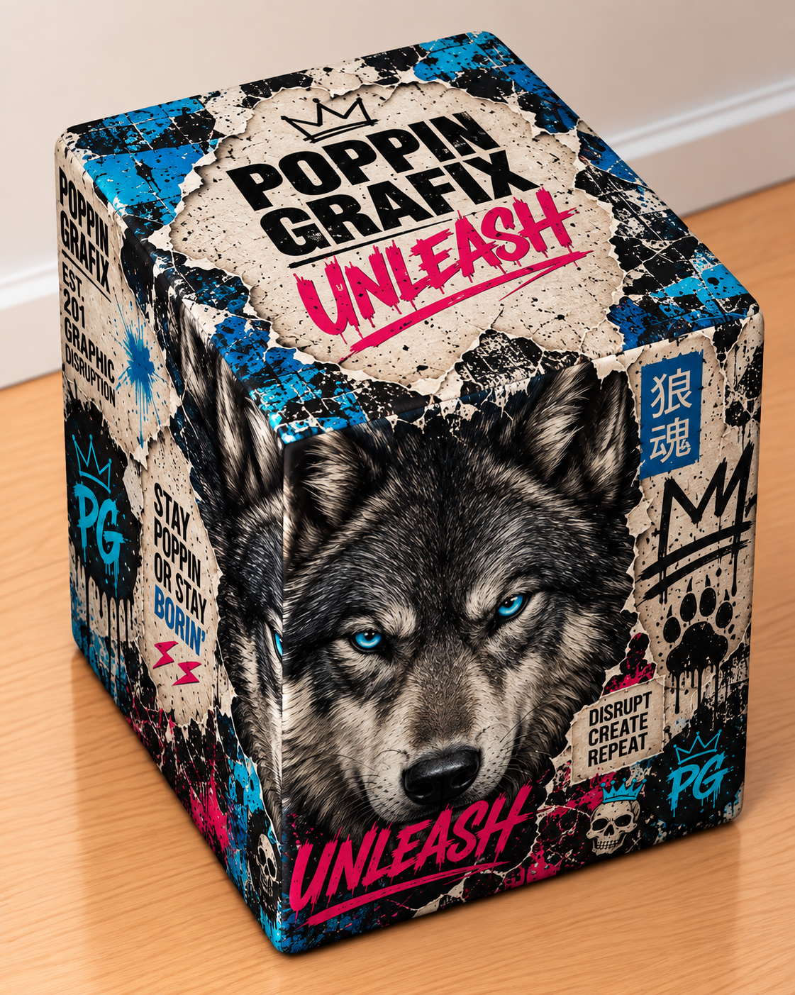 Wolf square printed ottoman handcrafted by Poppin Grafix