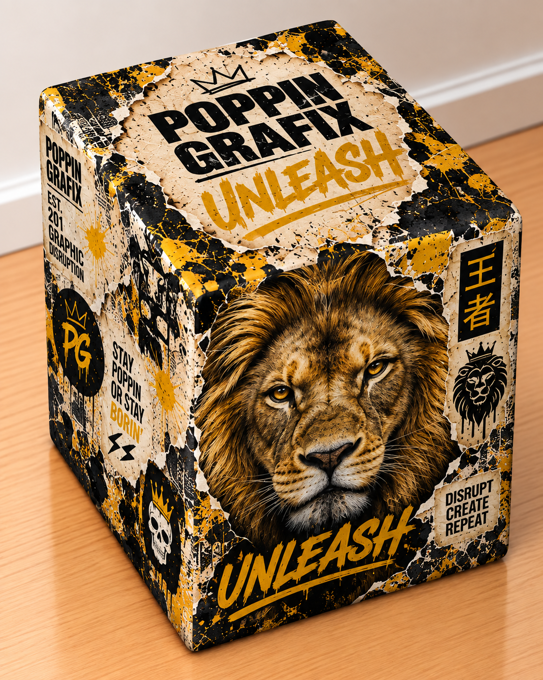 Lion square printed ottoman handcrafted by Poppin Grafix