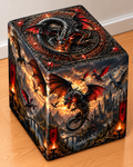 Dragon Realm square printed ottoman featuring a fiery dragon and dark medieval fantasy artwork
