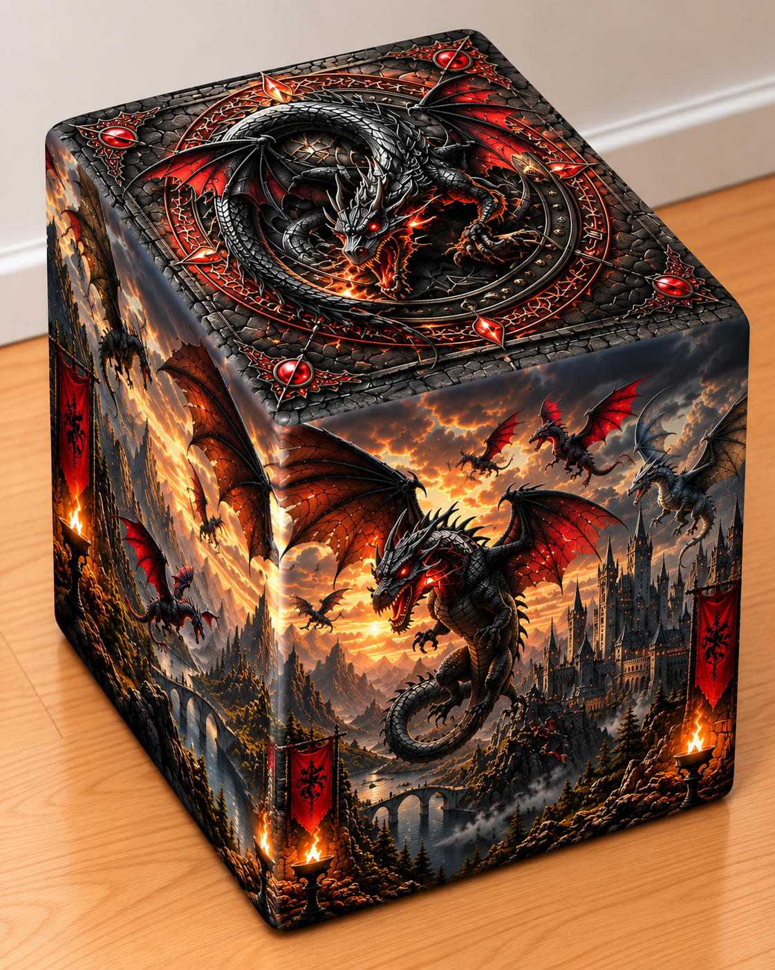 Dragon Realm square printed ottoman featuring a fiery dragon and dark medieval fantasy artwork
