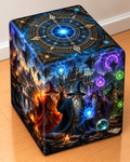 Wild Wizards square printed ottoman featuring powerful wizards, glowing spells and vivid fantasy artwork
