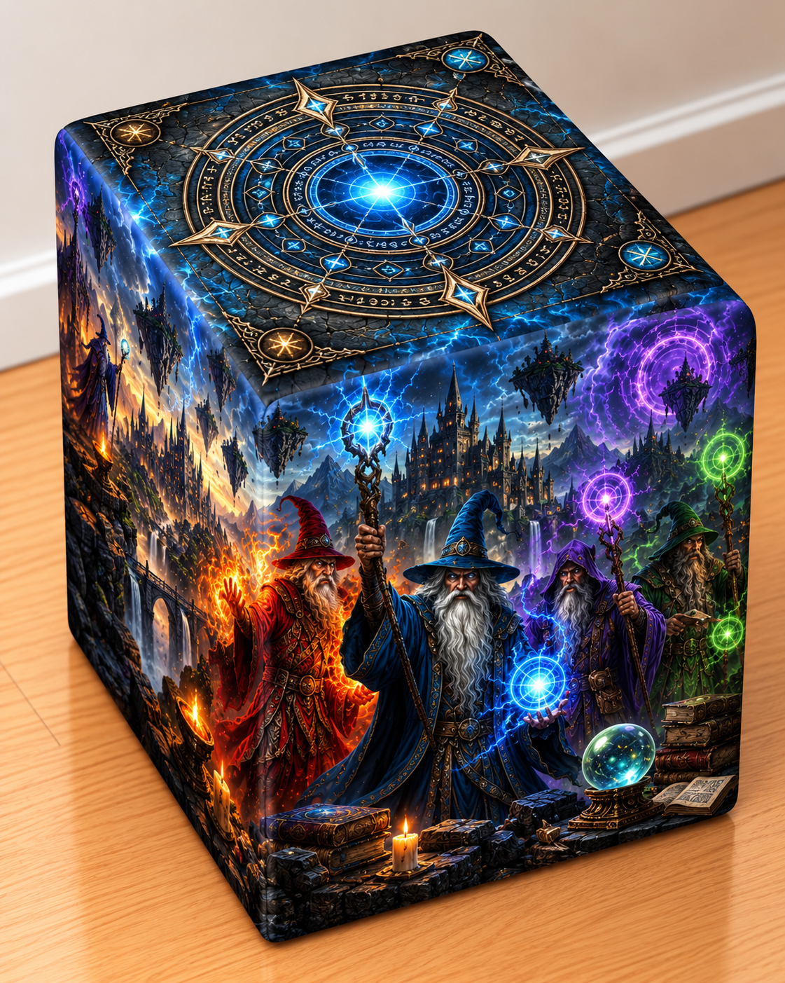 Wild Wizards square printed ottoman featuring powerful wizards, glowing spells and vivid fantasy artwork
