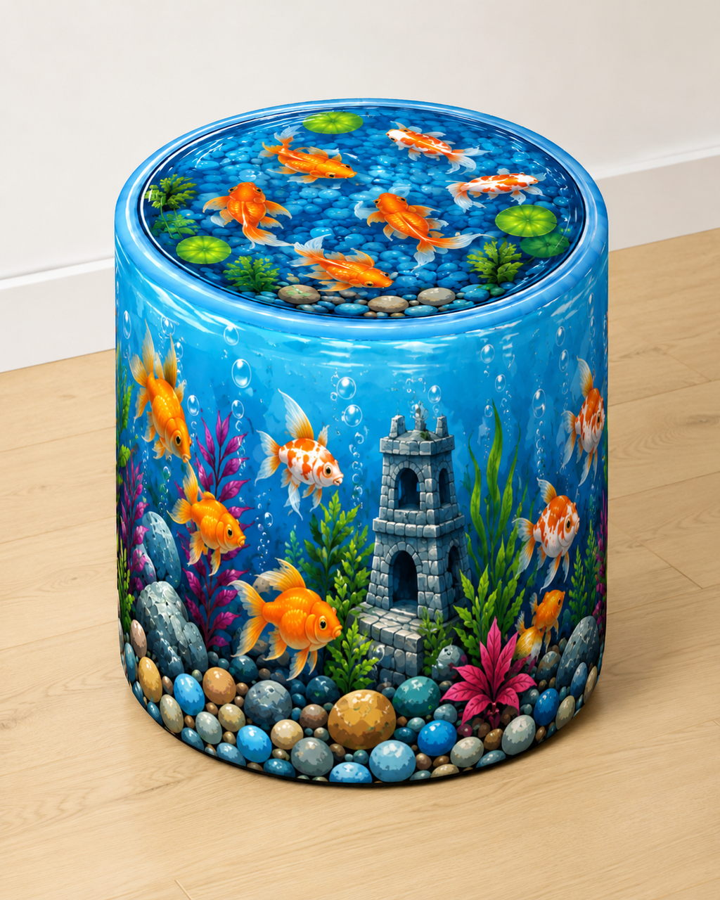Fishbowl round printed ottoman handcrafted by Poppin Grafix