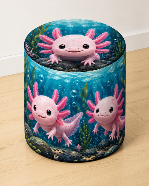Axolotl round printed ottoman with pink axolotls in a colourful underwater design
