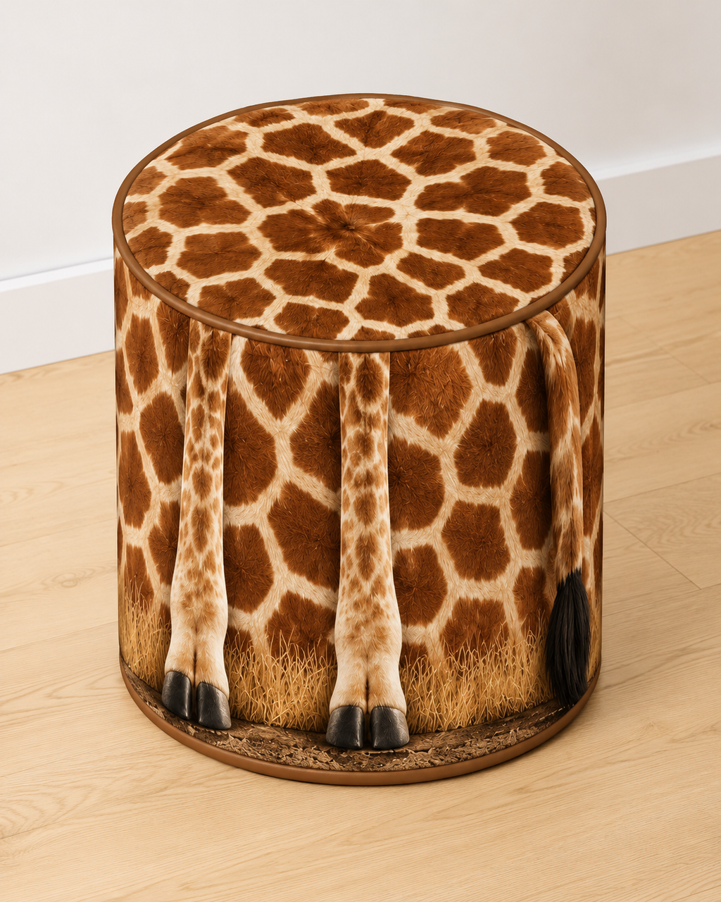 Giraffe Stand Tall round printed ottoman with a warm brown and beige giraffe-inspired pattern
