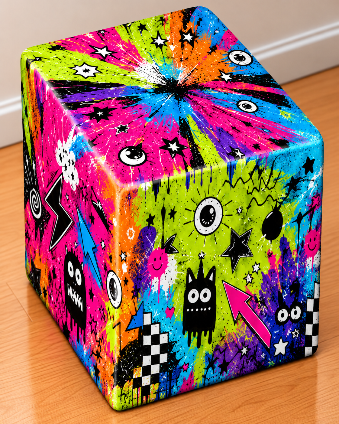 Colour Crash square printed ottoman featuring vibrant neon paint splashes and graffiti-inspired artwork