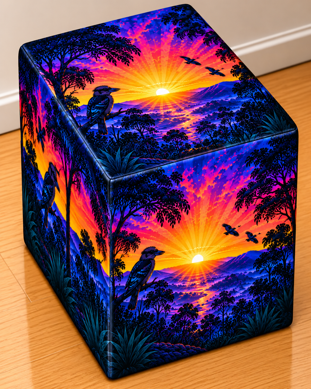 Neon Aussie Sunrise square printed ottoman featuring vivid purple, orange and blue Australian sunrise artwork
