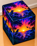 Neon Aussie Sunrise square printed ottoman featuring vivid purple, orange and blue Australian sunrise artwork
