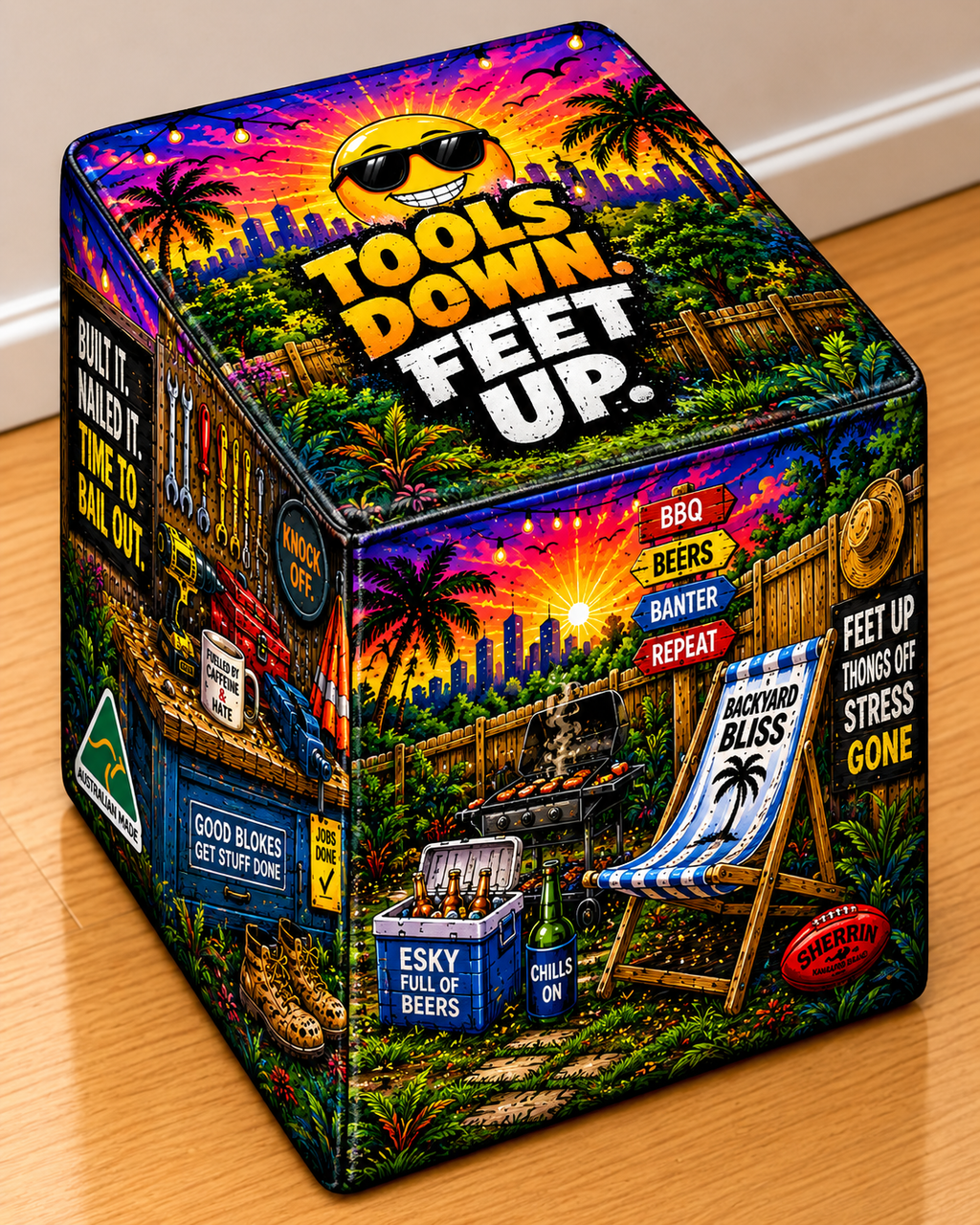Tools Down square printed ottoman featuring colourful Australian worksite-inspired artwork

