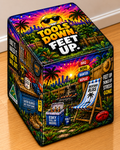 Tools Down square printed ottoman featuring colourful Australian worksite-inspired artwork
