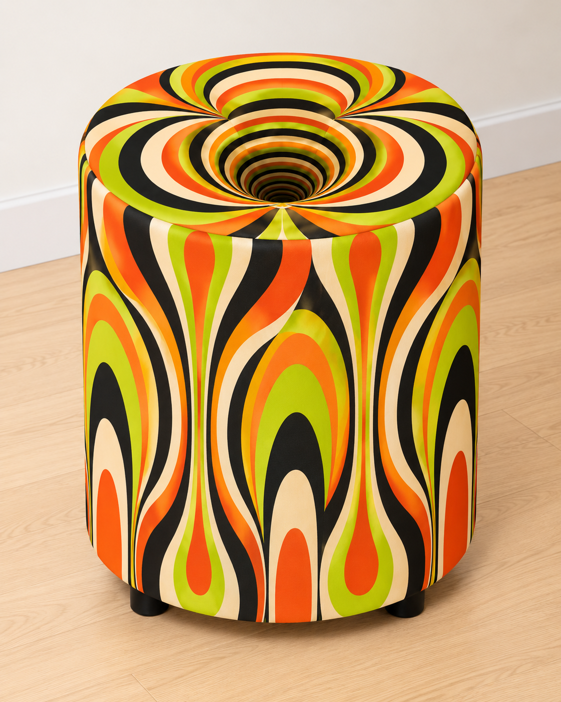 Psychedelic round printed ottoman featuring flowing retro patterns in vibrant orange, yellow and green