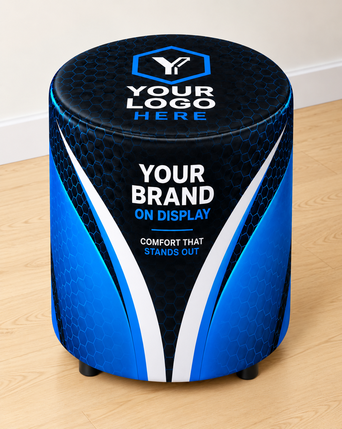 Custom Business round printed ottoman mock-up featuring blue and black branding with a Your Brand placeholder