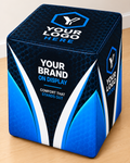 Custom Business square printed ottoman mock-up featuring blue and black branding with a Your Brand placeholder
