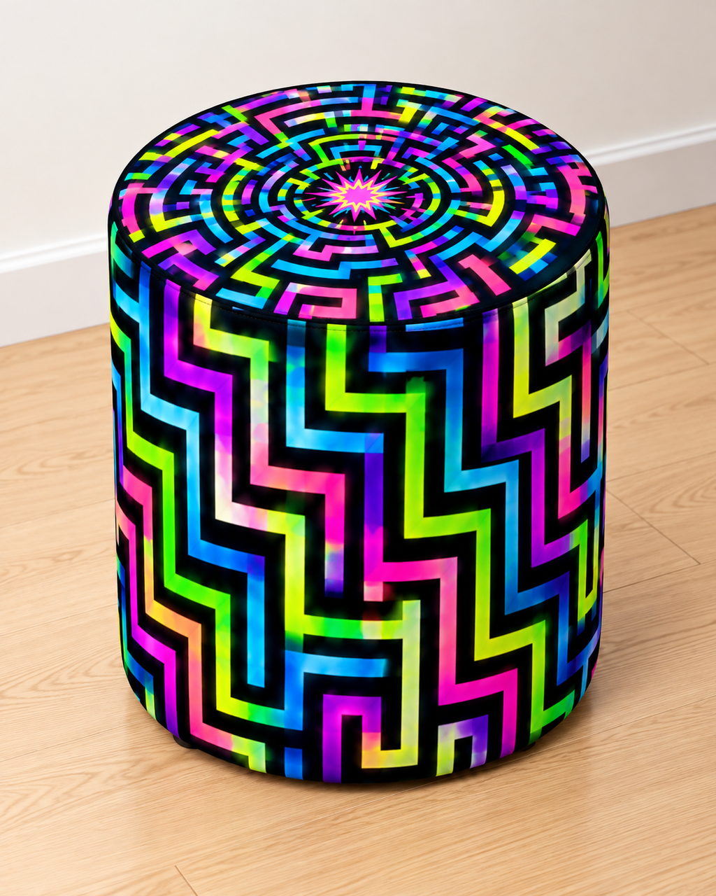 Neon Maze round printed ottoman featuring colourful glowing geometric pathways on a dark background