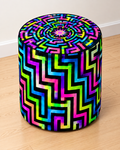 Neon Maze round printed ottoman featuring colourful glowing geometric pathways on a dark background