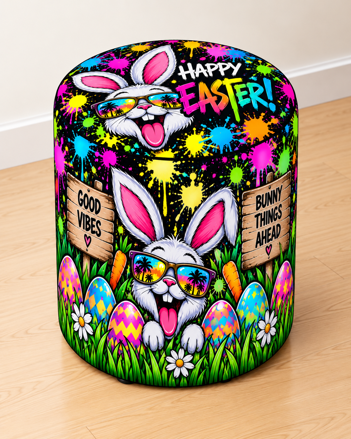 Neon Graffiti Easter round printed ottoman featuring colourful Easter-themed street-art graphics