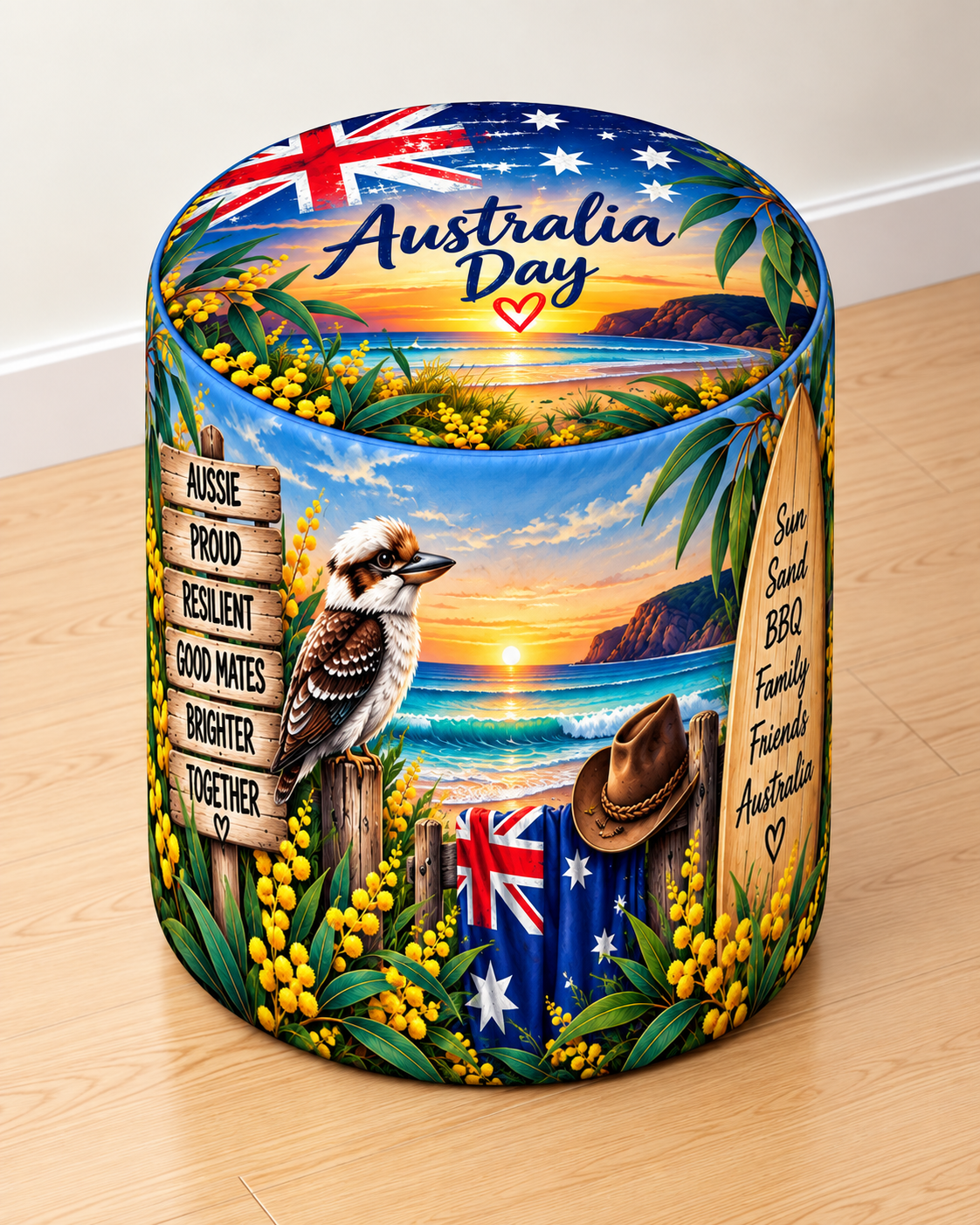 Australia Day round printed ottoman featuring colourful patriotic Australian artwork